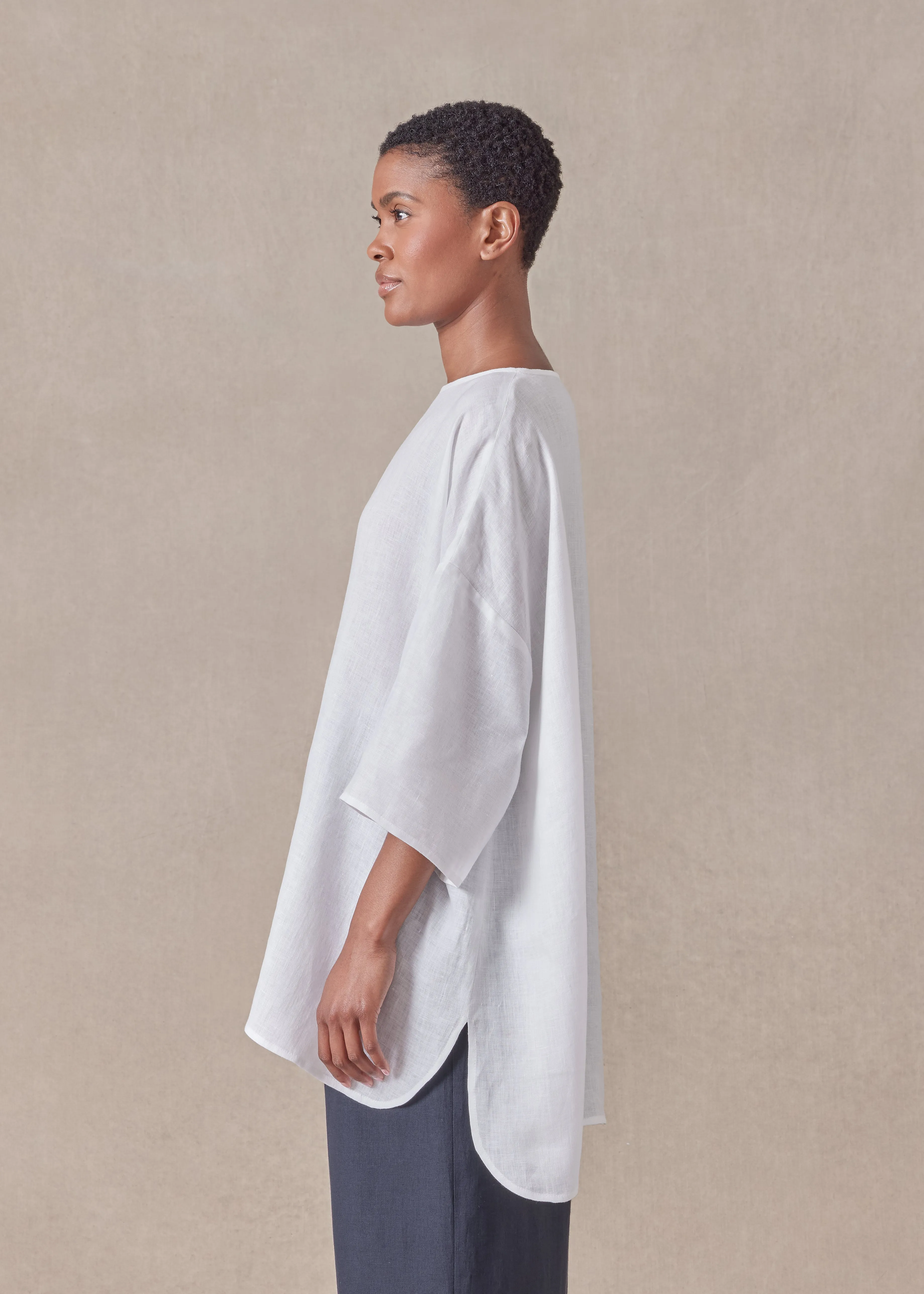 handkerchief linen sloped shoulder wide a-line scoop neck top - long (white) sold by eskandar product image thumbnail 3