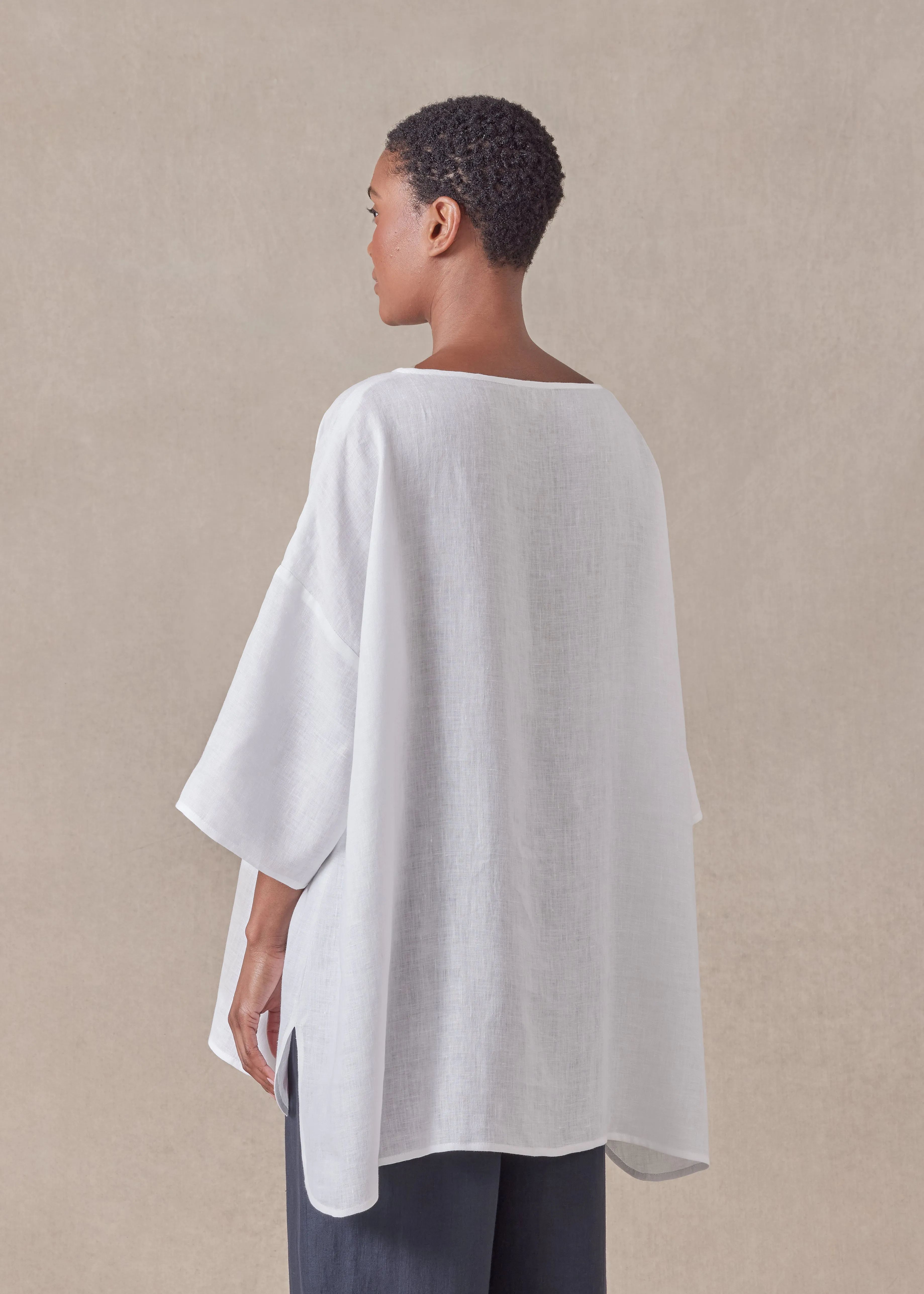 handkerchief linen sloped shoulder wide a-line scoop neck top - long (white) sold by eskandar product image thumbnail 4