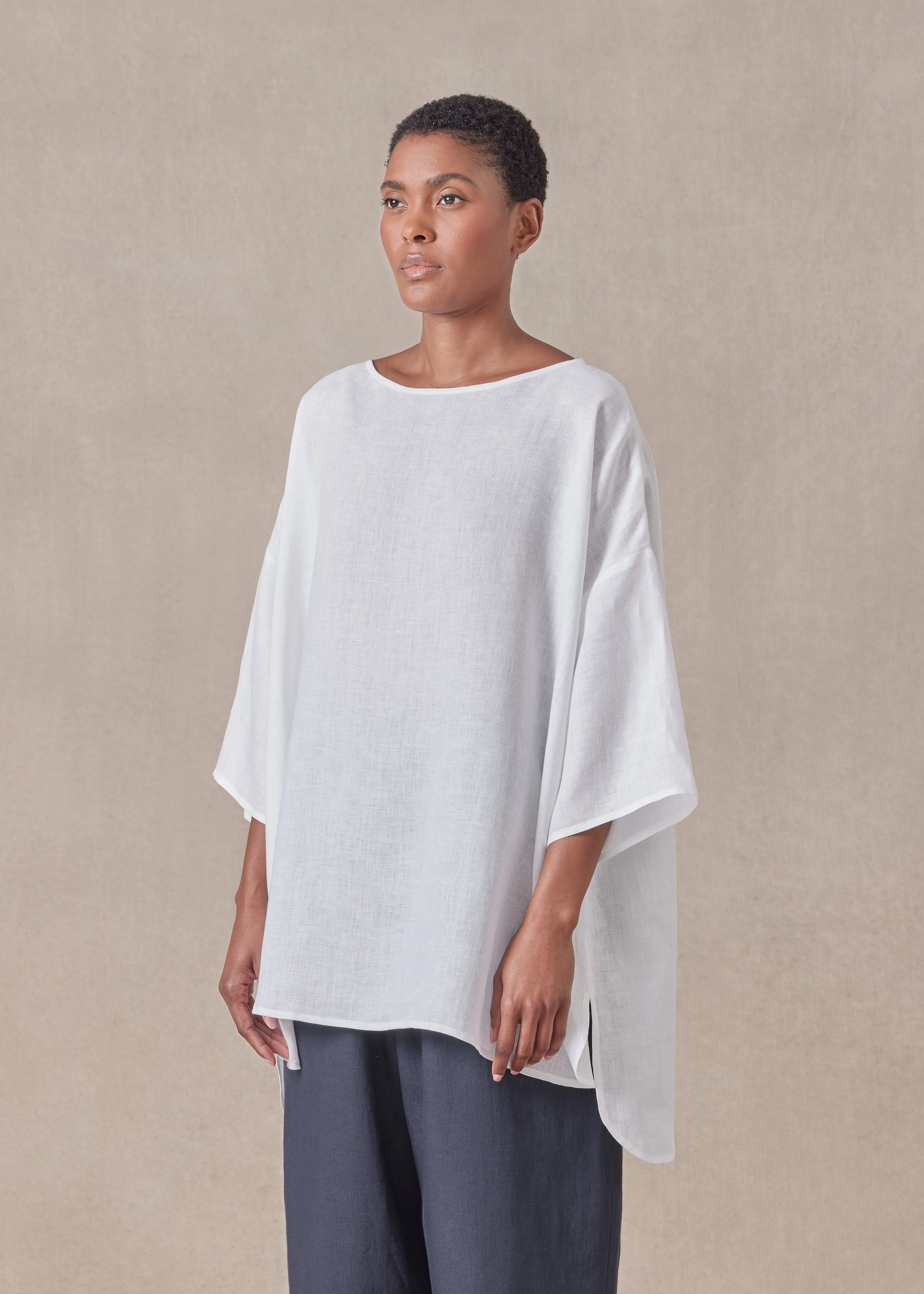 handkerchief linen sloped shoulder wide a-line scoop neck top - long (white) sold by eskandar product image thumbnail 2