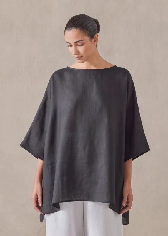 handkerchief linen sloped shoulder wide a-line scoop neck top - long (black) sold by eskandar