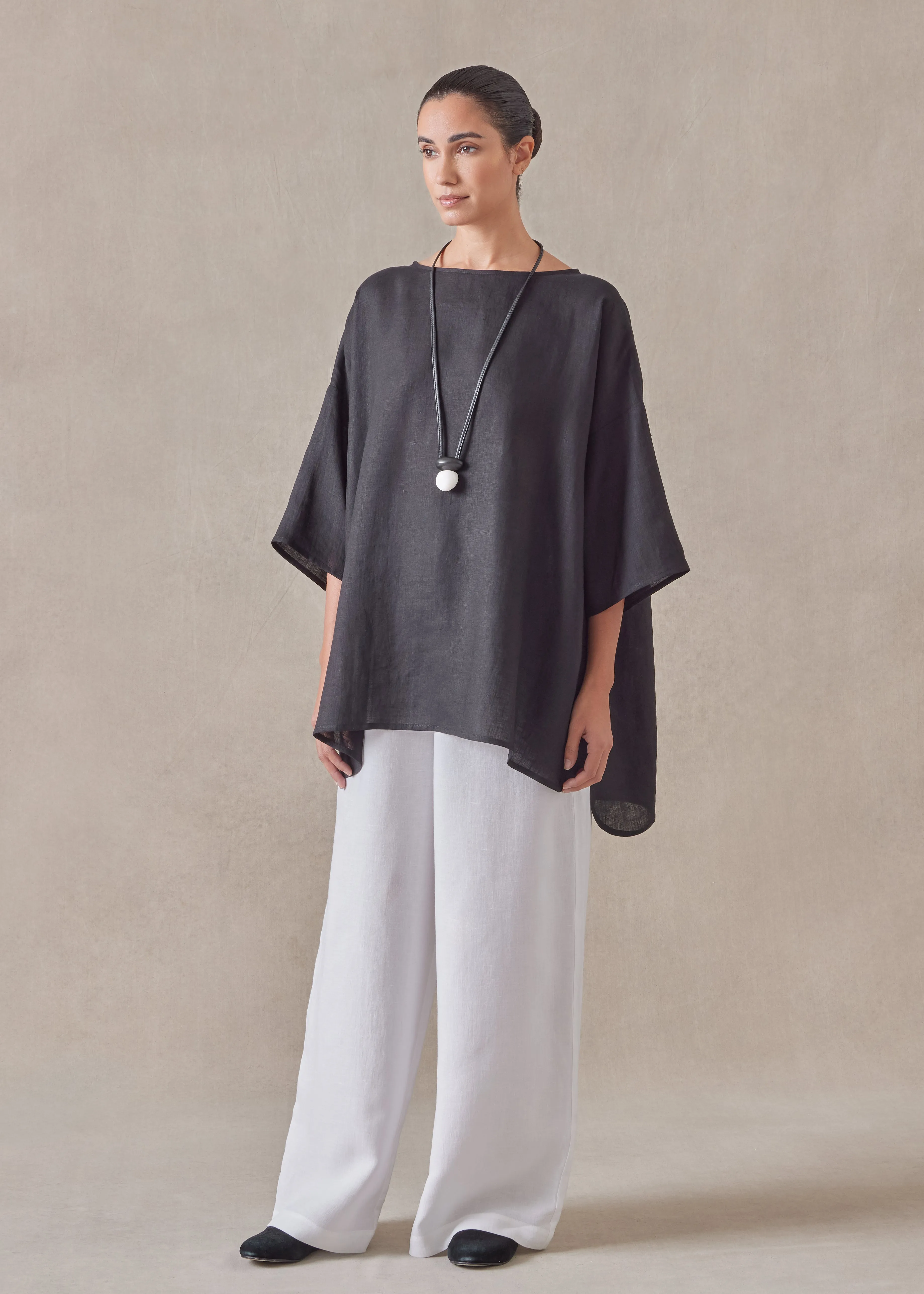 handkerchief linen sloped shoulder wide a-line scoop neck top - long (black) sold by eskandar product image thumbnail 2
