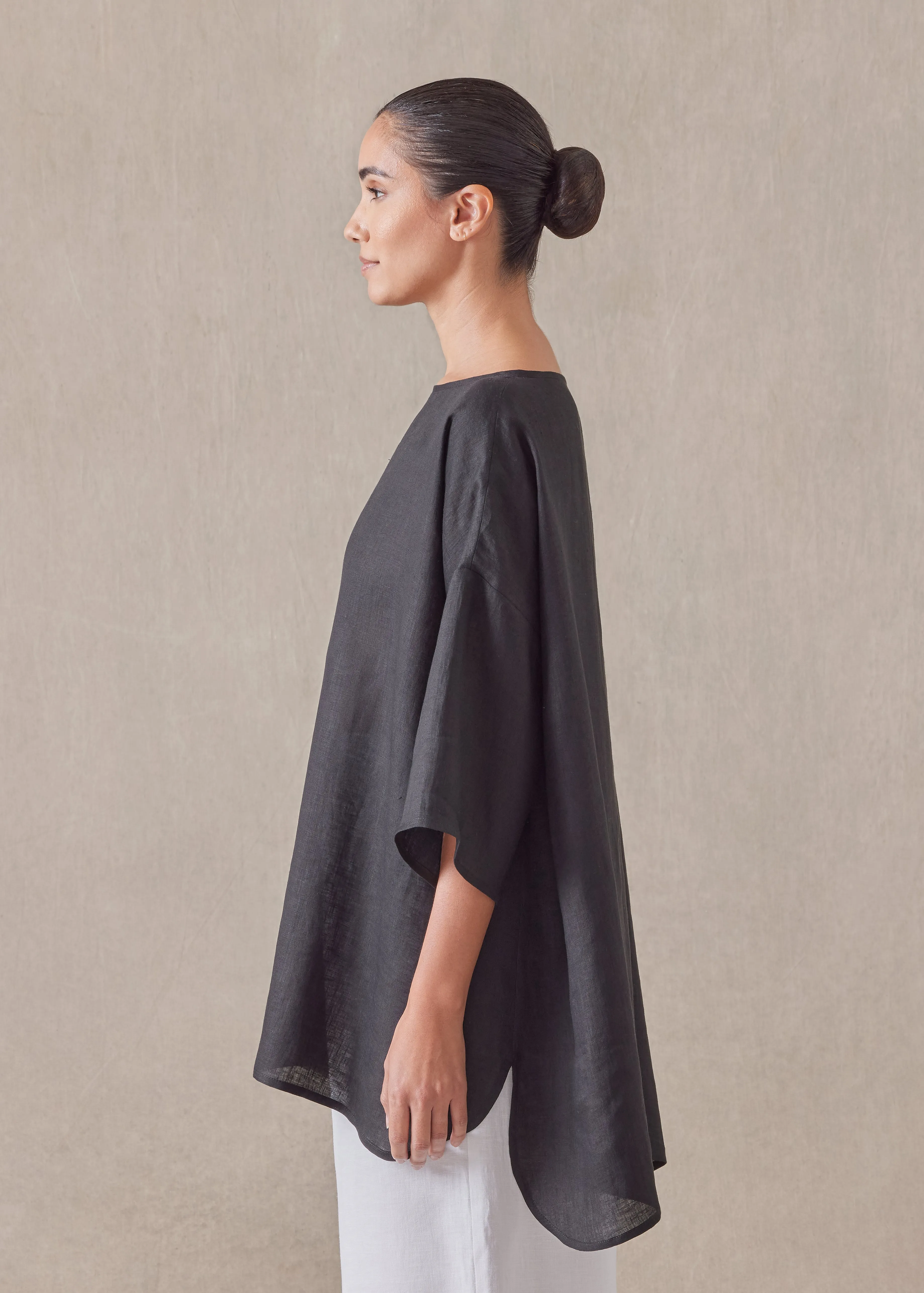 handkerchief linen sloped shoulder wide a-line scoop neck top - long (black) sold by eskandar product image thumbnail 3