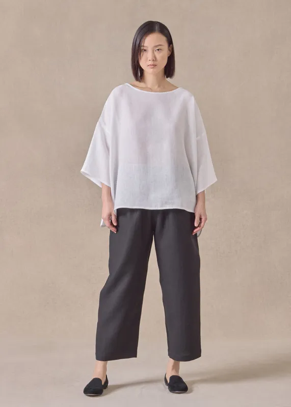 handkerchief linen sloped shoulder wide a-line scoop neck top - mid (white) sold by eskandar