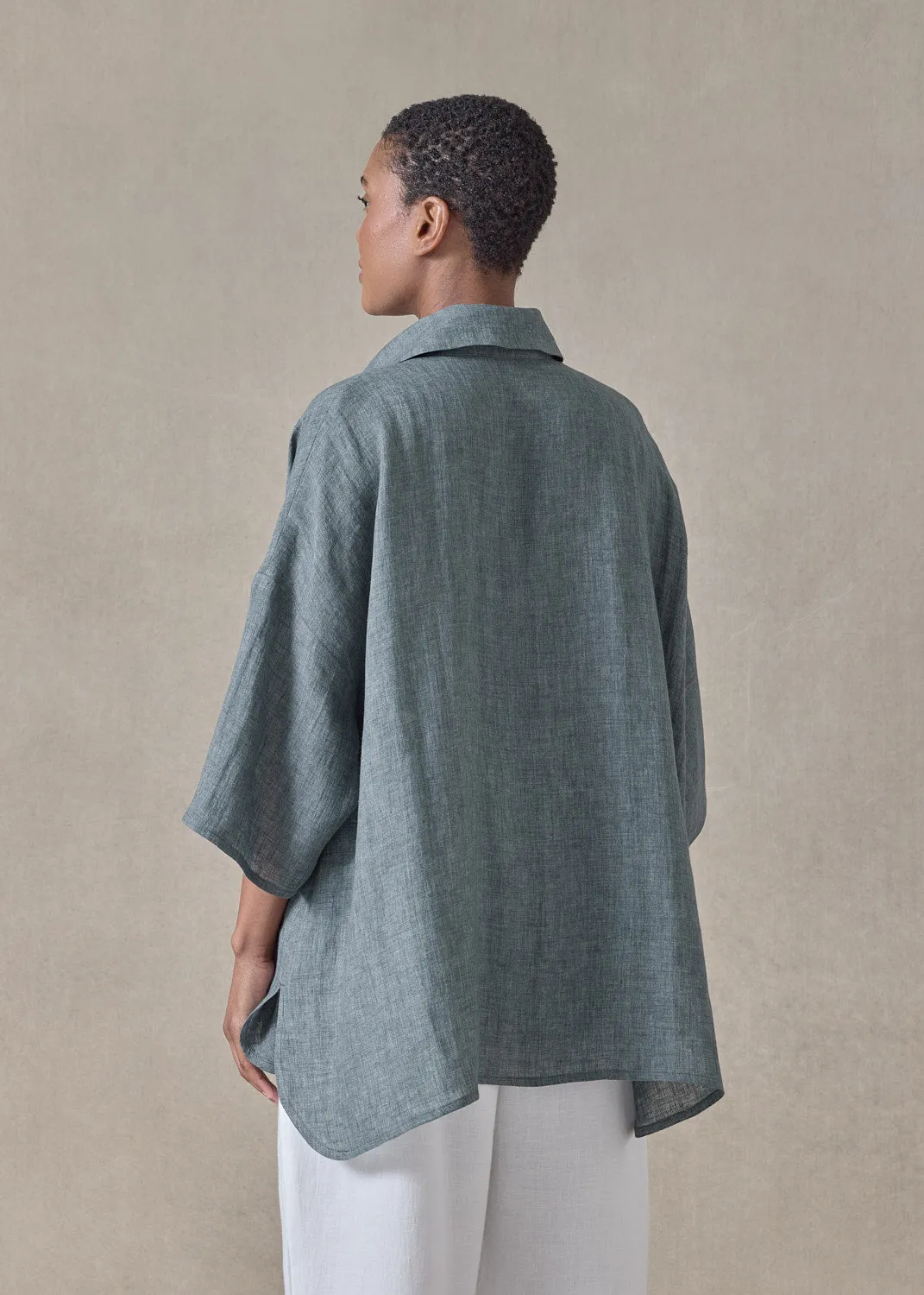 handkerchief delave linen sloped shoulder wide a-line short sleeve shirt with collar - mid plus (petrol) sold by eskandar product image thumbnail 4