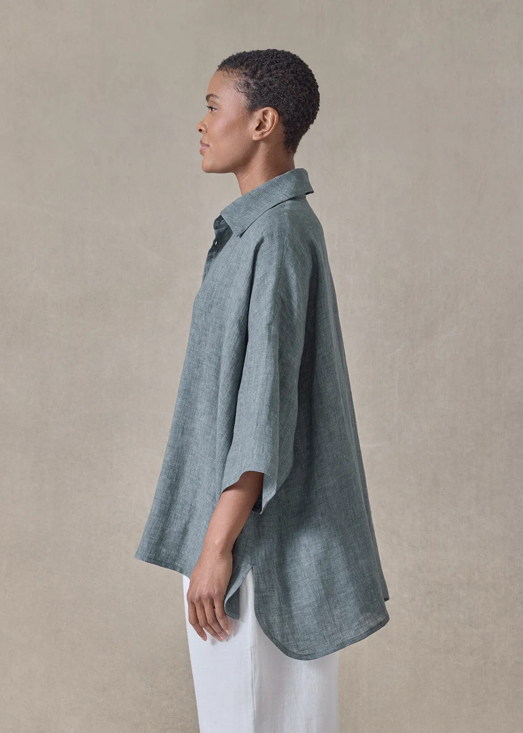 handkerchief delave linen sloped shoulder wide a-line short sleeve shirt with collar - mid plus (petrol) sold by eskandar product image thumbnail 3