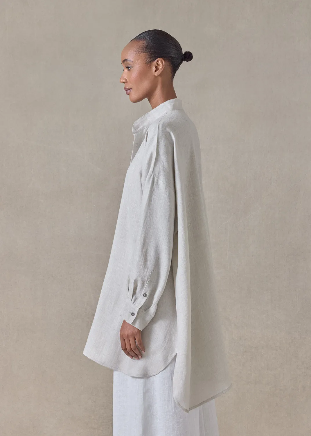 handkerchief linen wide a-line collarless classic shirt - long plus (silvertint) sold by eskandar product image thumbnail 3