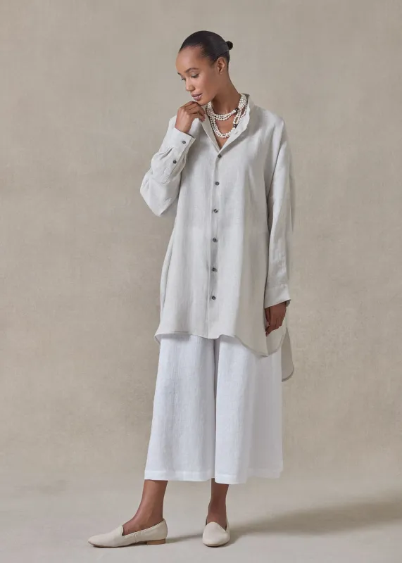 handkerchief linen wide a-line collarless classic shirt - long plus (silvertint) made by eskandar