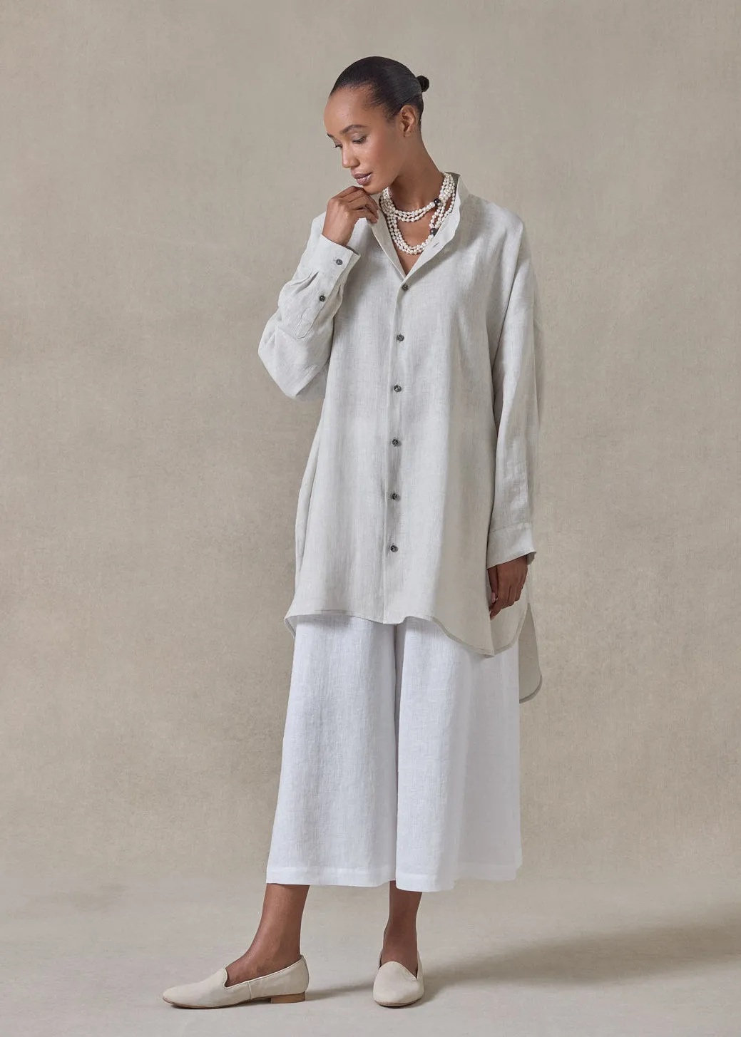 handkerchief linen wide a-line collarless classic shirt - long plus (silvertint) sold by eskandar