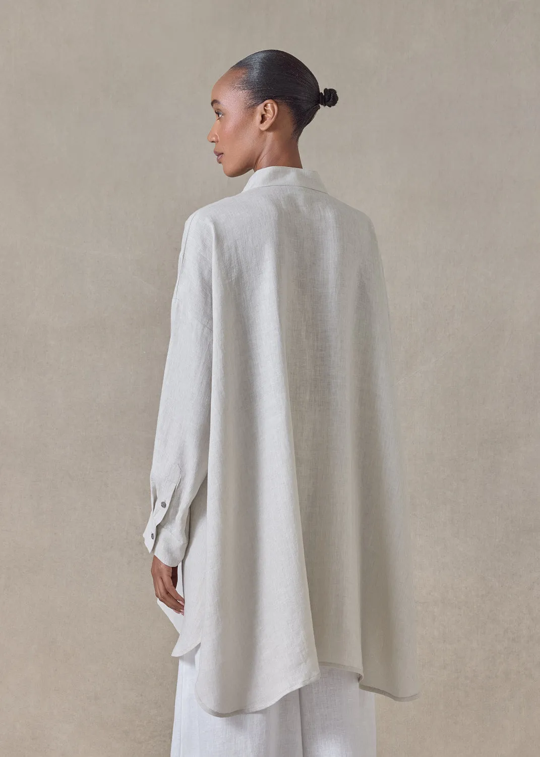 handkerchief linen wide a-line collarless classic shirt - long plus (silvertint) sold by eskandar product image thumbnail 4