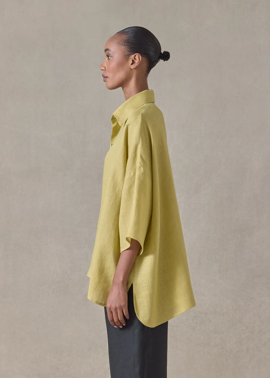 handkerchief linen sloped shoulder wide a-line short sleeve shirt with collar - mid plus (yellow ochre) sold by eskandar product image thumbnail 2