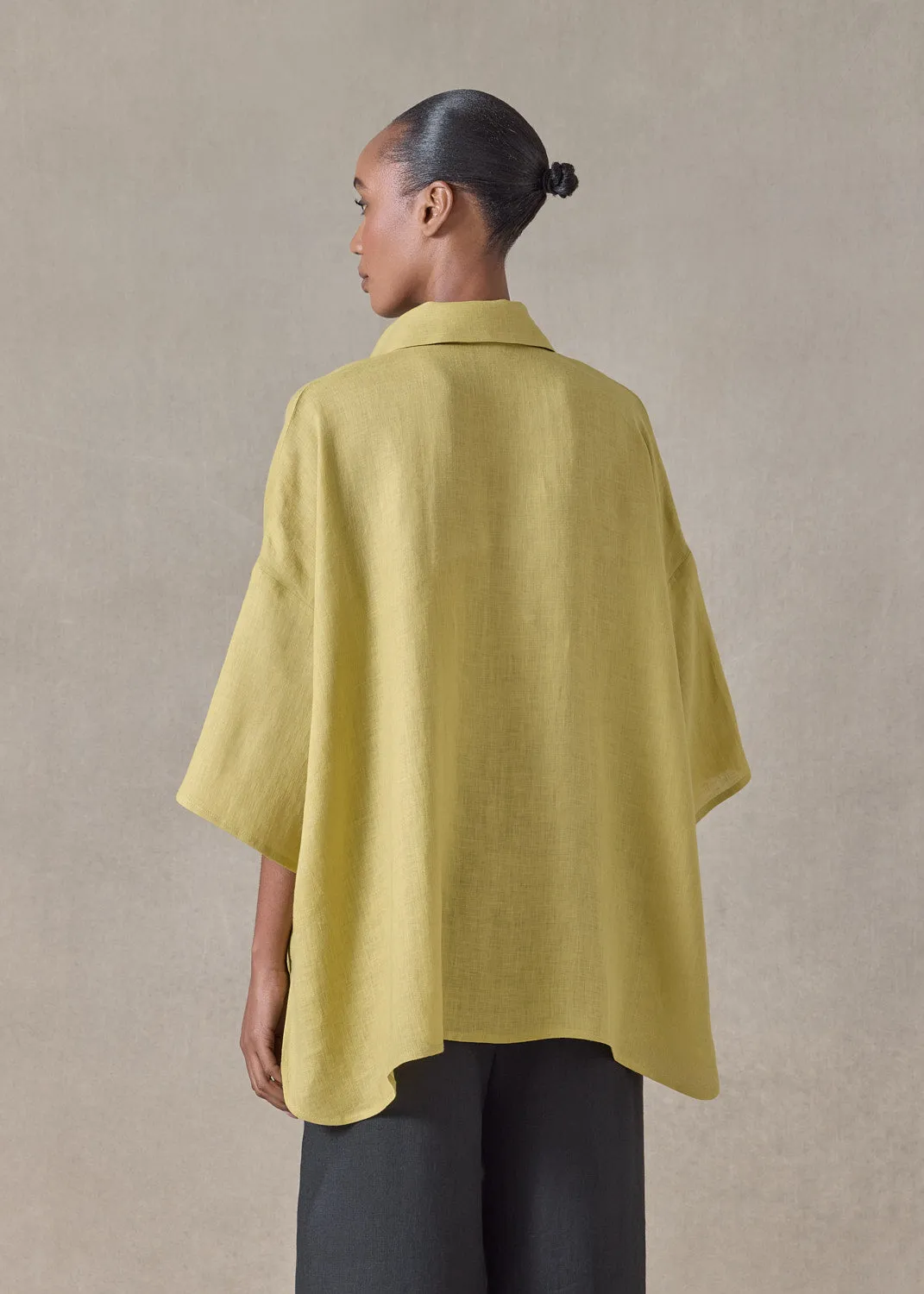 handkerchief linen sloped shoulder wide a-line short sleeve shirt with collar - mid plus (yellow ochre) sold by eskandar product image thumbnail 3