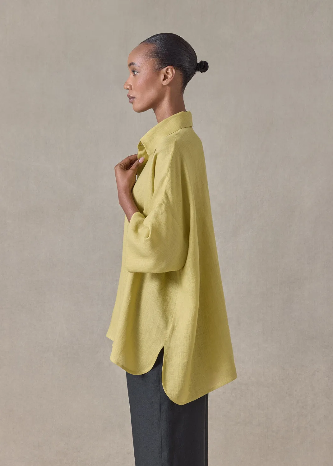 handkerchief linen sloped shoulder wide a-line short sleeve shirt with collar - mid plus (yellow ochre) sold by eskandar product image thumbnail 4