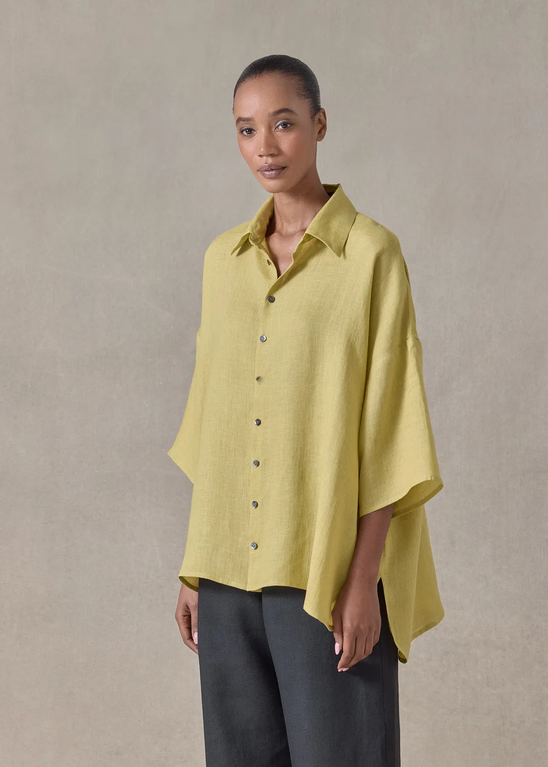 handkerchief linen sloped shoulder wide a-line short sleeve shirt with collar - mid plus (yellow ochre) sold by eskandar