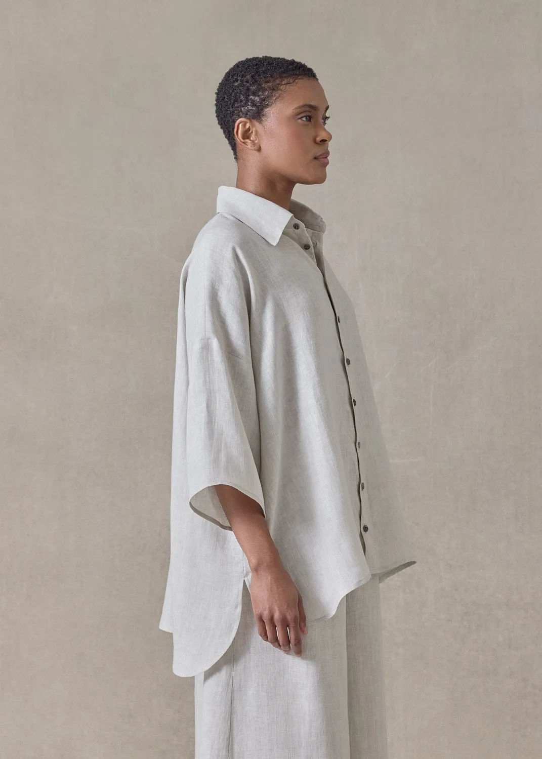 handkerchief linen sloped shoulder wide a-line short sleeve shirt with collar - mid plus (silvertint) sold by eskandar product image thumbnail 3