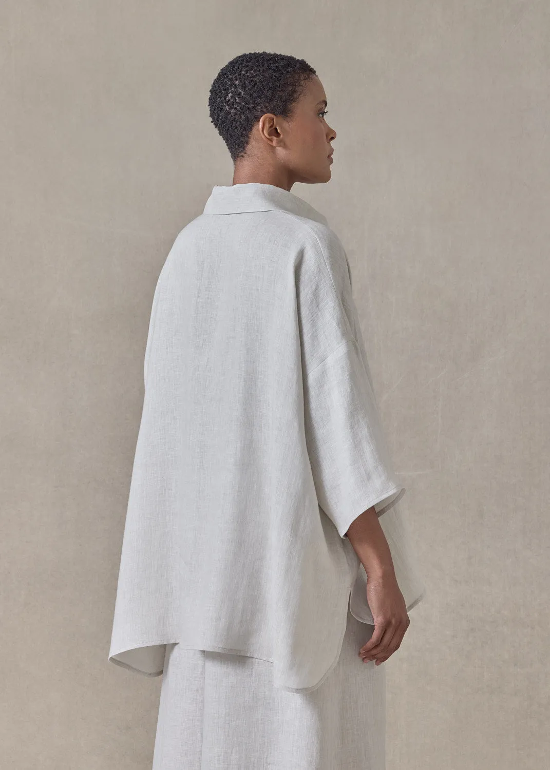 handkerchief linen sloped shoulder wide a-line short sleeve shirt with collar - mid plus (silvertint) sold by eskandar product image thumbnail 4