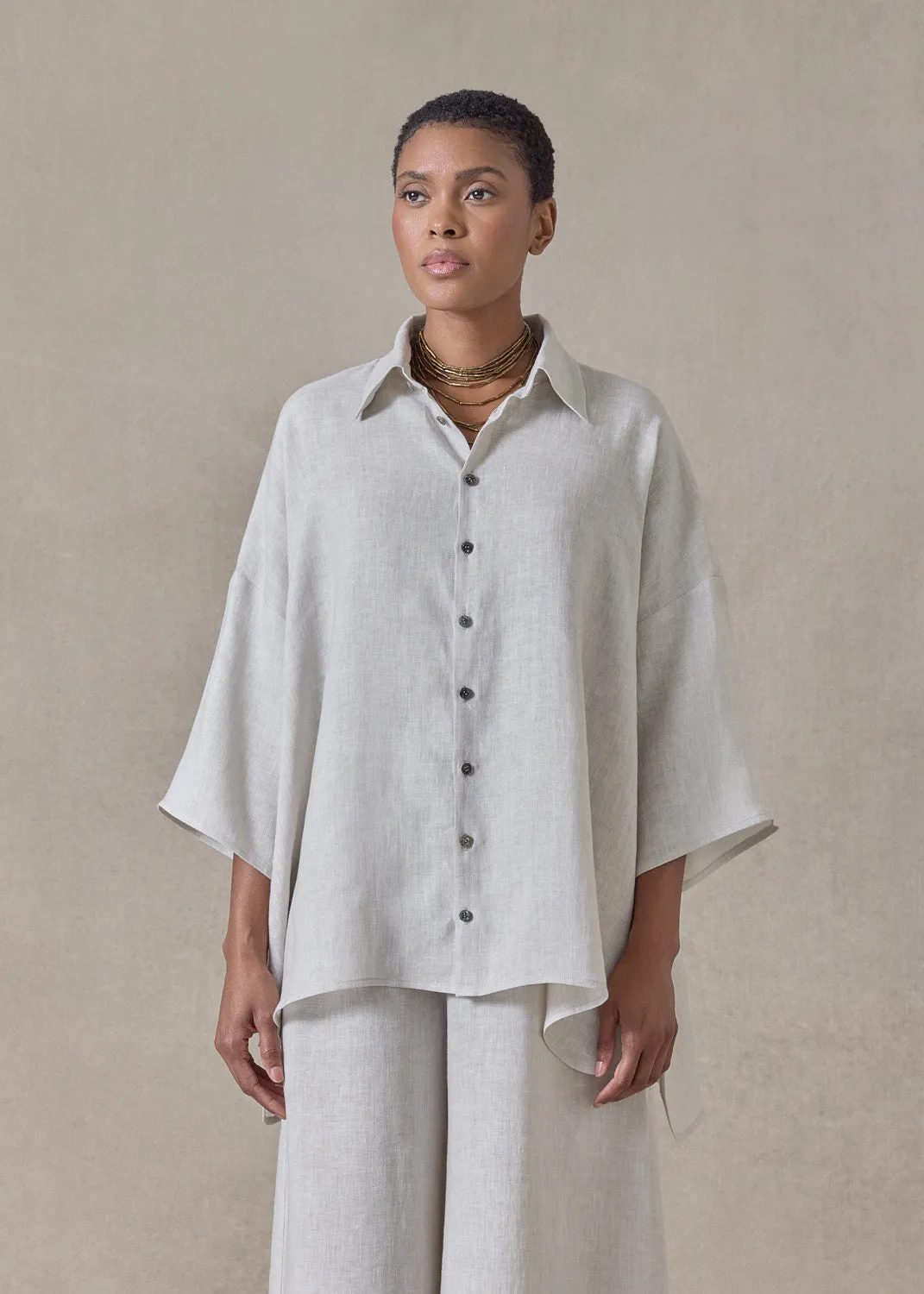 handkerchief linen sloped shoulder wide a-line short sleeve shirt with collar - mid plus (silvertint) sold by eskandar product image thumbnail 2