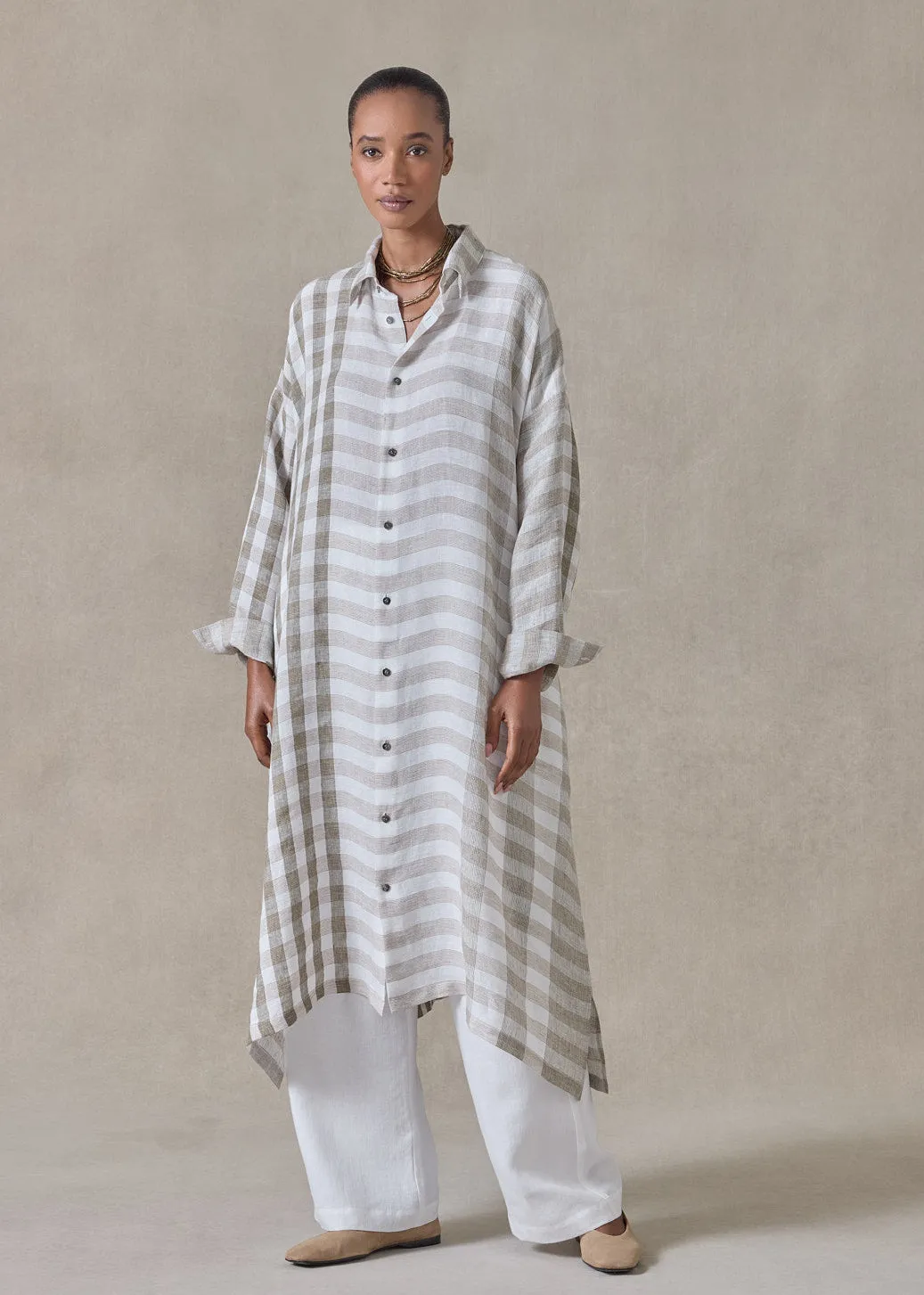 linen wide a-line shirt dress with collar (olive) sold by eskandar product image thumbnail 2