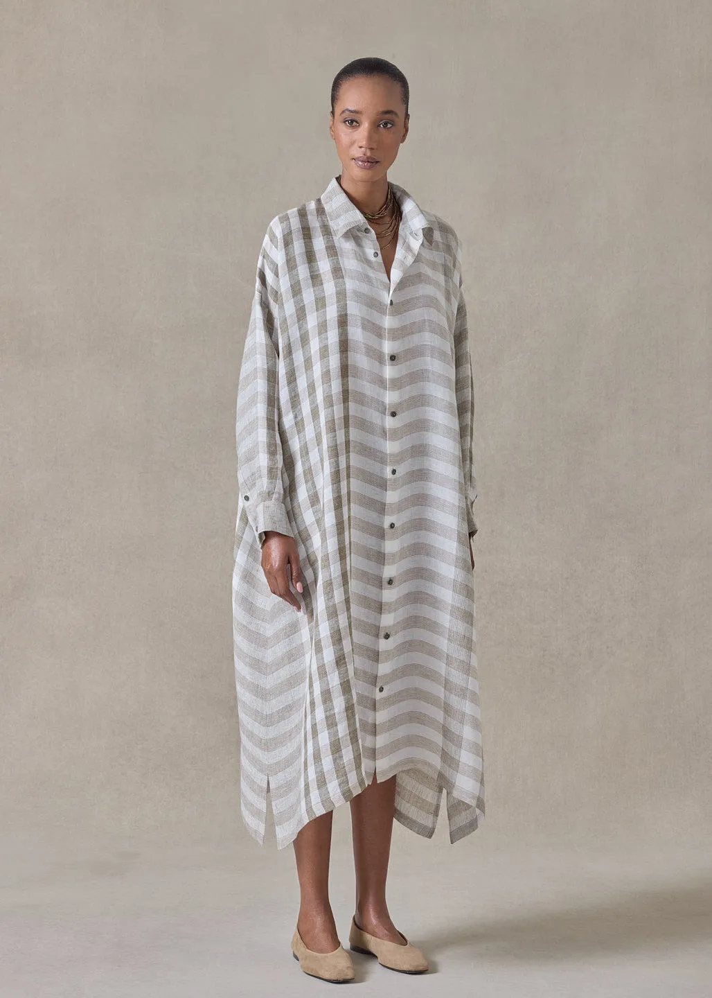 linen wide a-line shirt dress with collar (olive) sold by eskandar product image thumbnail 4