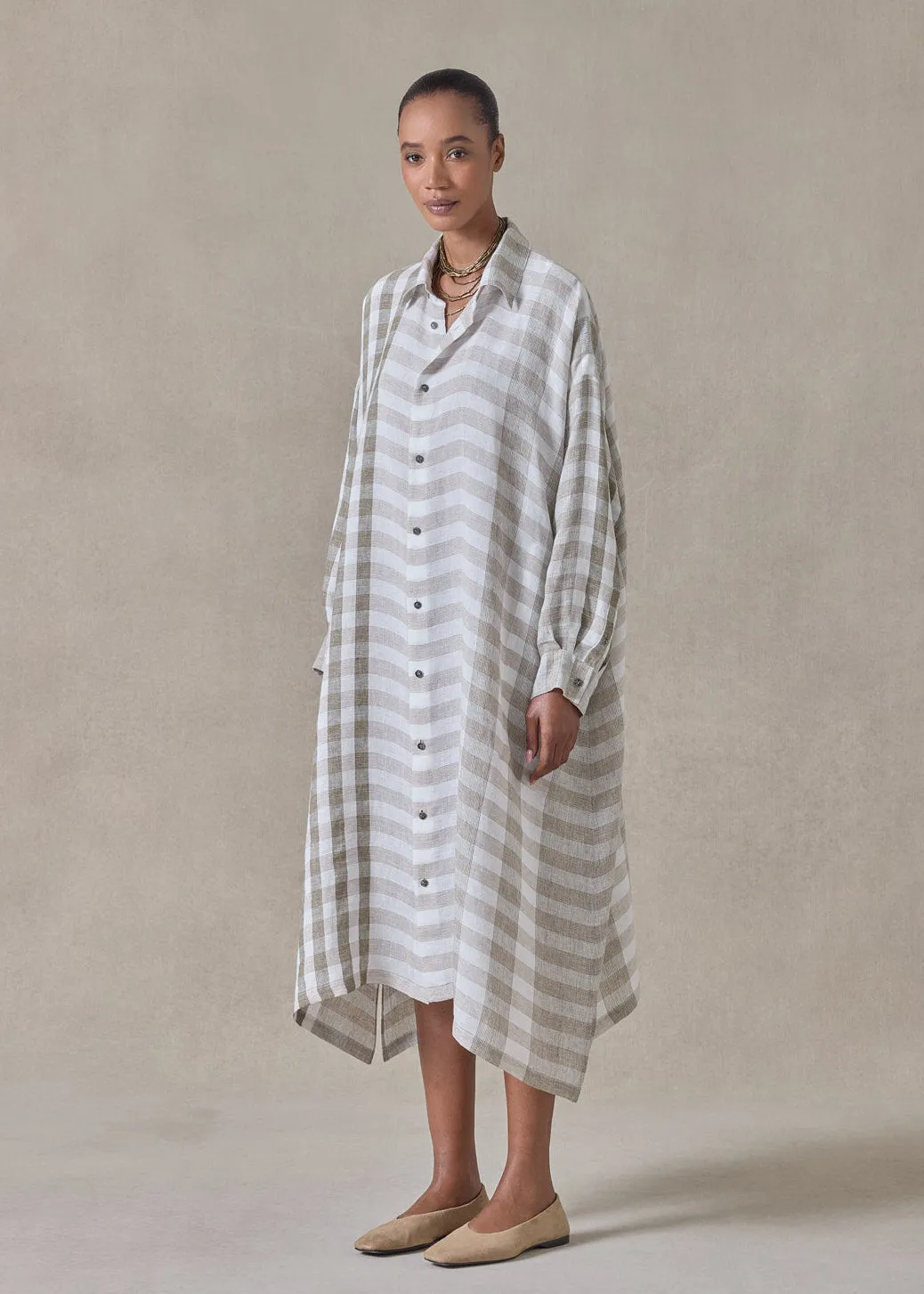 linen wide a-line shirt dress with collar (olive) sold by eskandar product image thumbnail 3