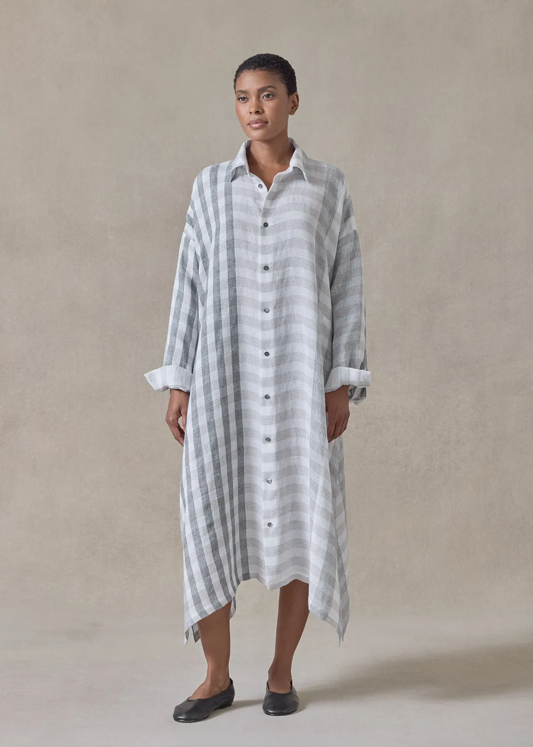 linen wide a-line shirt dress with collar (petrol) sold by eskandar product image thumbnail 2