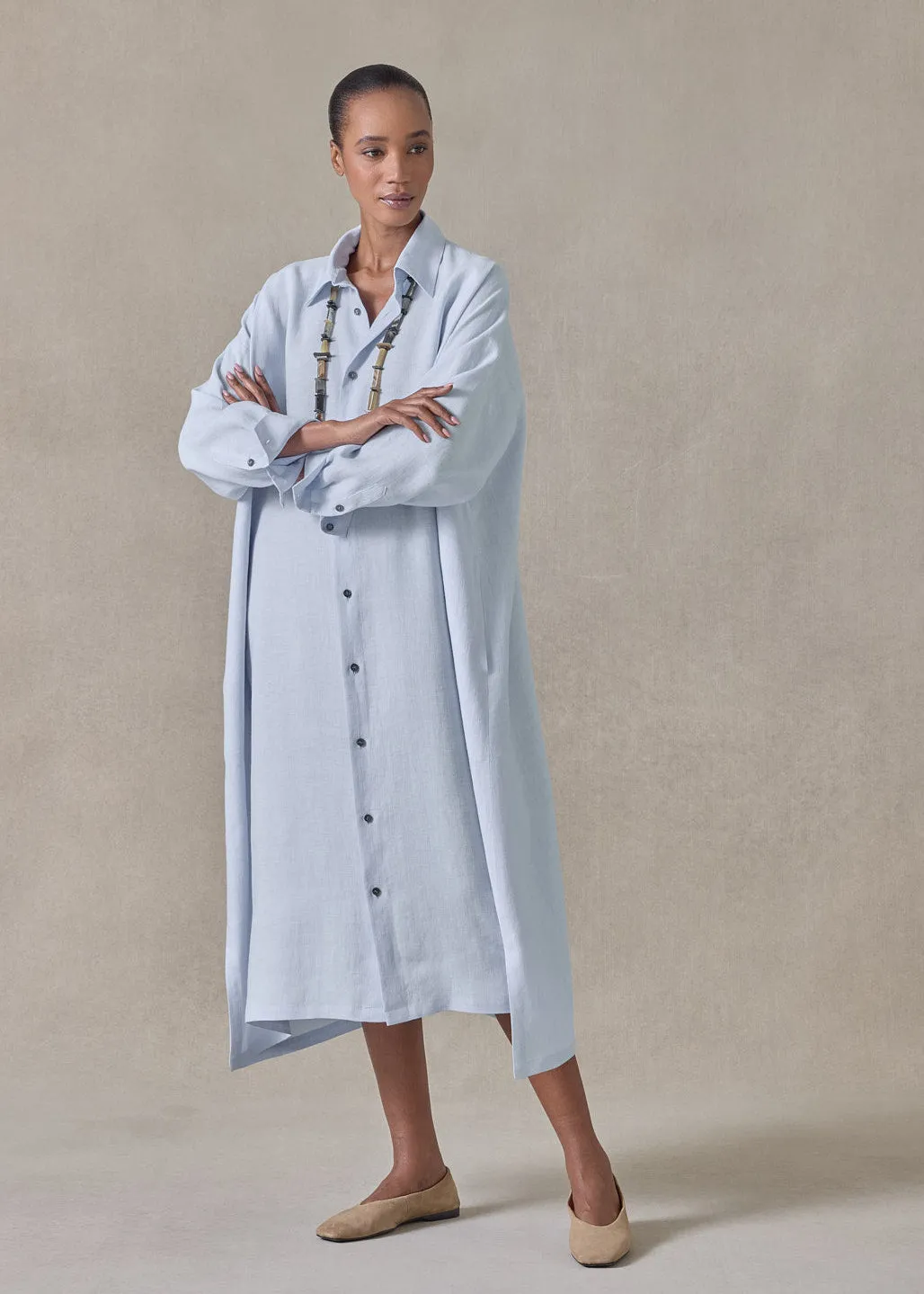lightweight linen wide a-line shirt dress with collar (bridgertonblue) sold by eskandar product image thumbnail 2