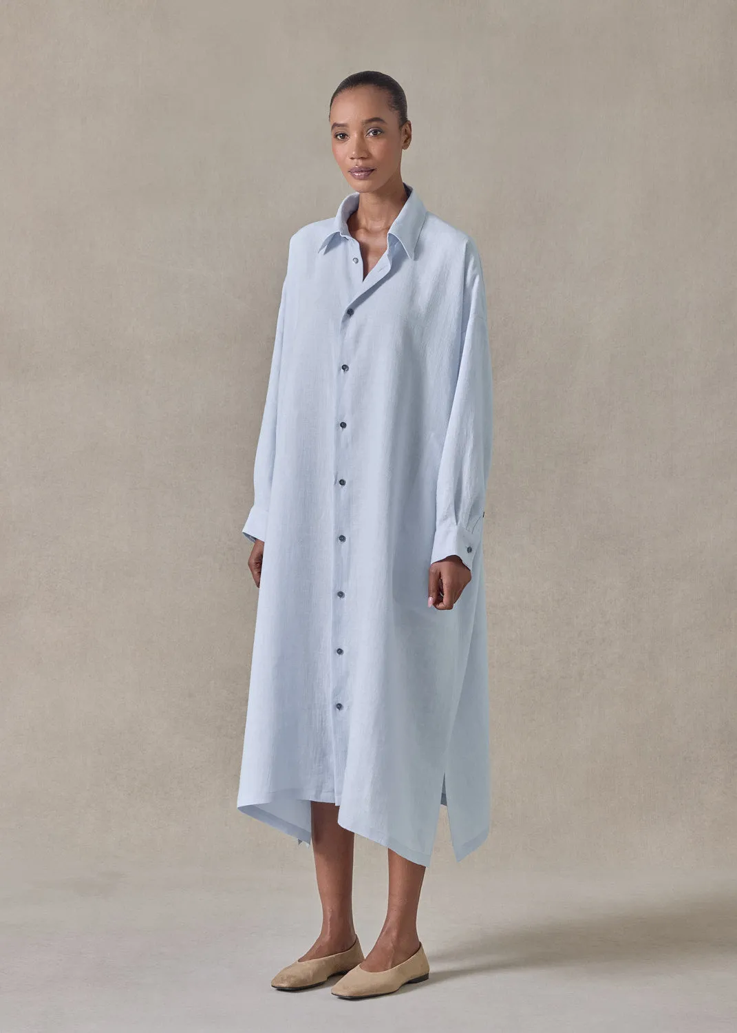 lightweight linen wide a-line shirt dress with collar (bridgertonblue) sold by eskandar product image thumbnail 3