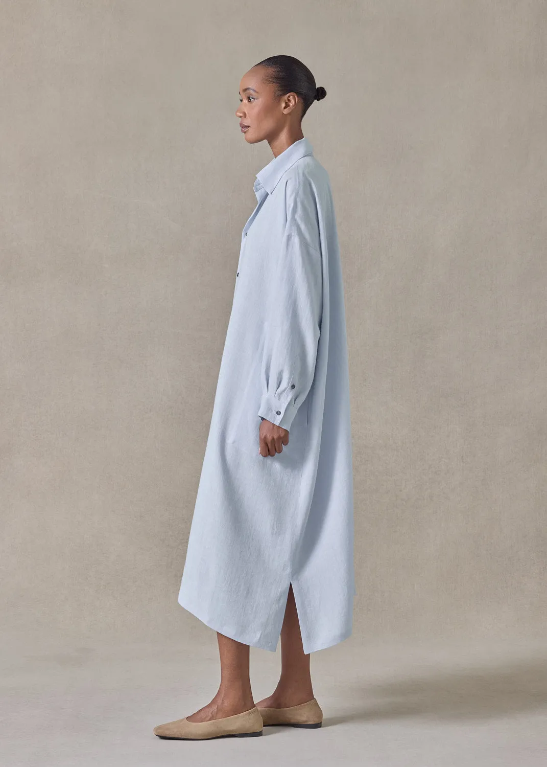 lightweight linen wide a-line shirt dress with collar (bridgertonblue) sold by eskandar product image thumbnail 4