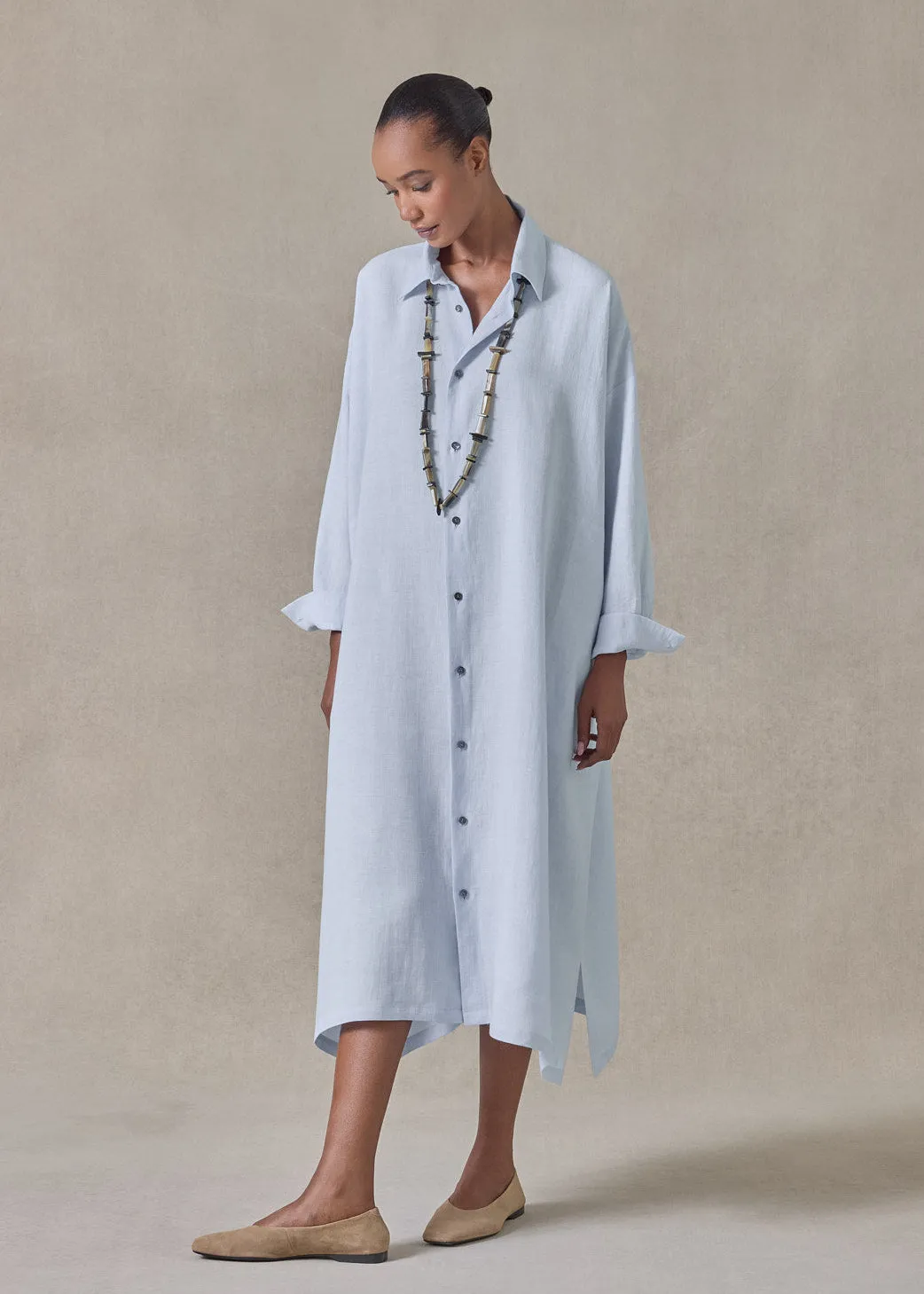 lightweight linen wide a-line shirt dress with collar (bridgertonblue) sold by eskandar