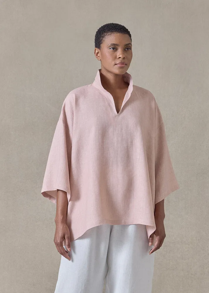 linen a-line short sleeve tunic with double stand collar - mid (rosepowder) sold by eskandar
