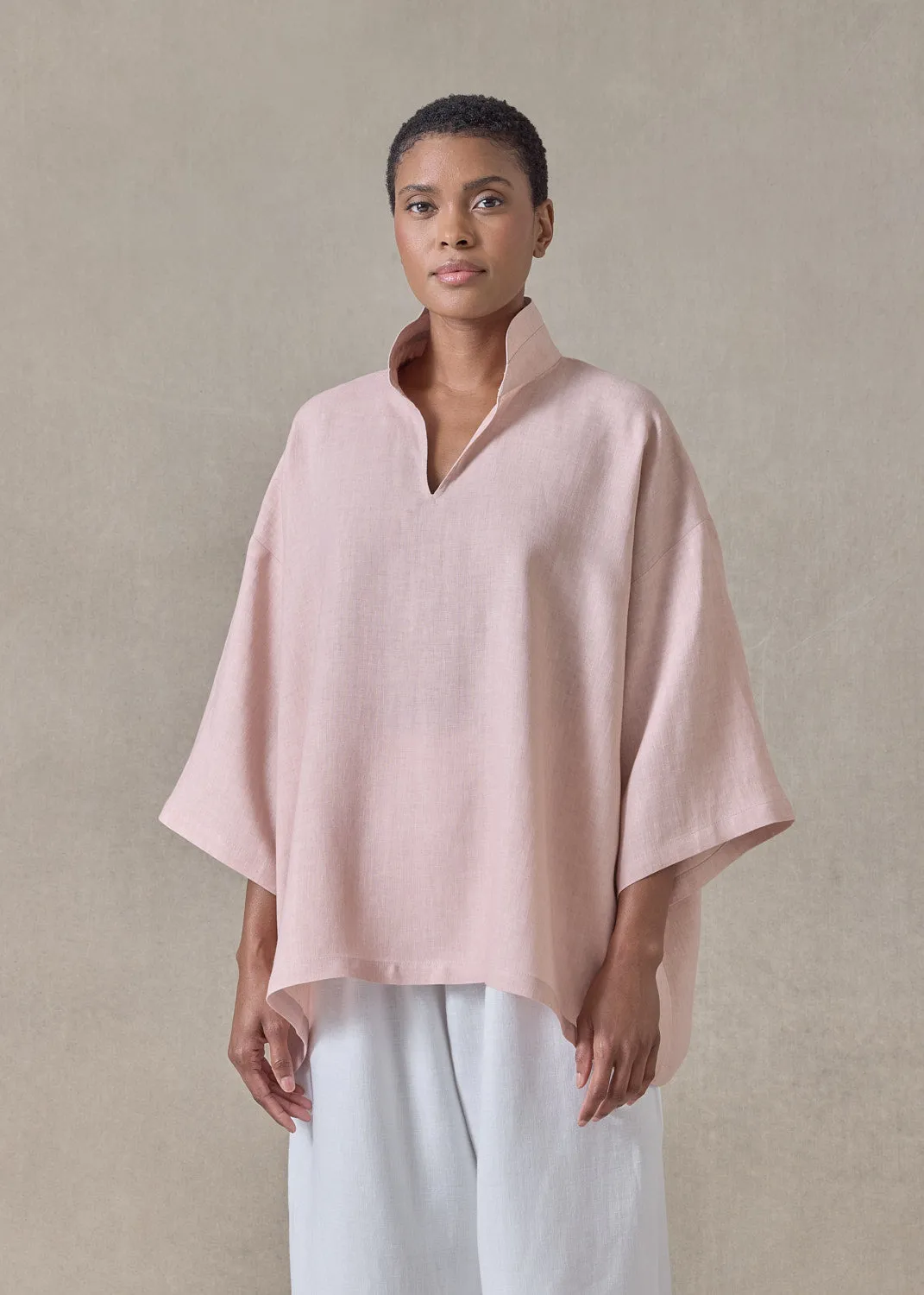 linen a-line short sleeve tunic with double stand collar - mid (rosepowder) sold by eskandar product image thumbnail 2