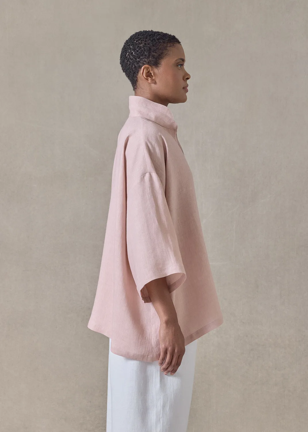 linen a-line short sleeve tunic with double stand collar - mid (rosepowder) sold by eskandar product image thumbnail 3