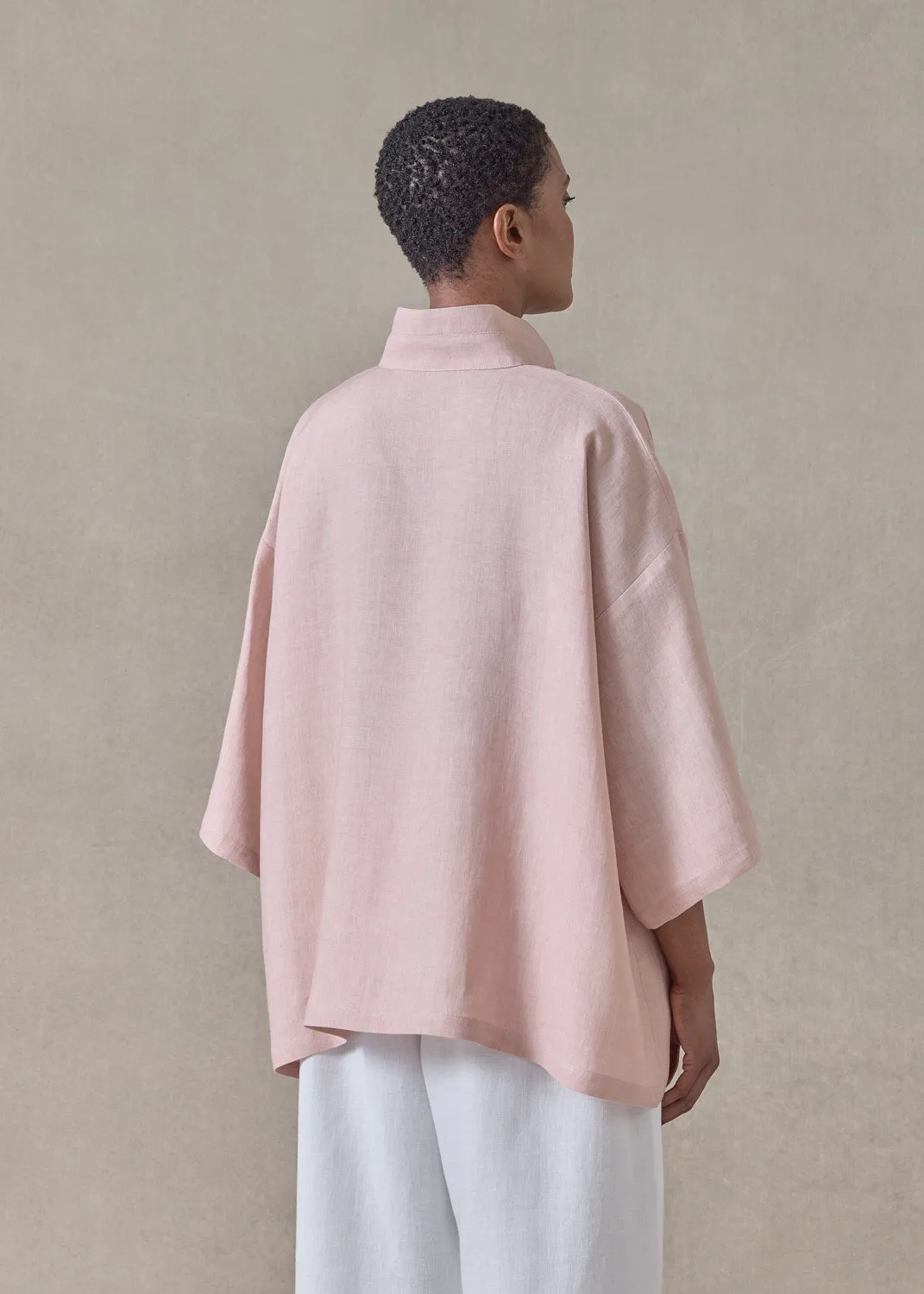 linen a-line short sleeve tunic with double stand collar - mid (rosepowder) sold by eskandar product image thumbnail 4