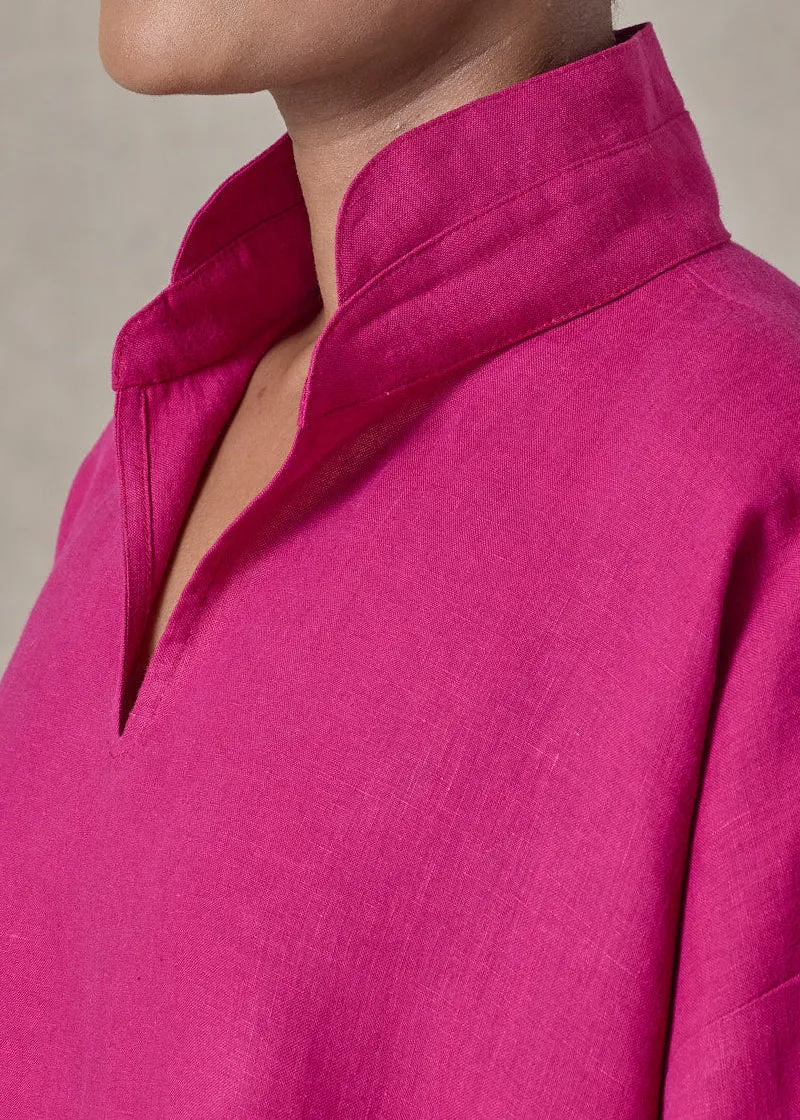 linen a-line short sleeve tunic with double stand collar - mid (magenta) sold by eskandar product image thumbnail 5