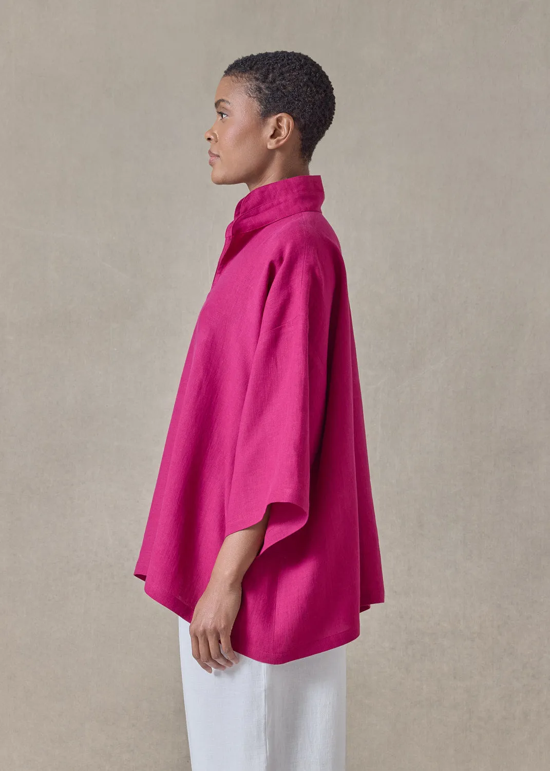 linen a-line short sleeve tunic with double stand collar - mid (magenta) sold by eskandar product image thumbnail 3