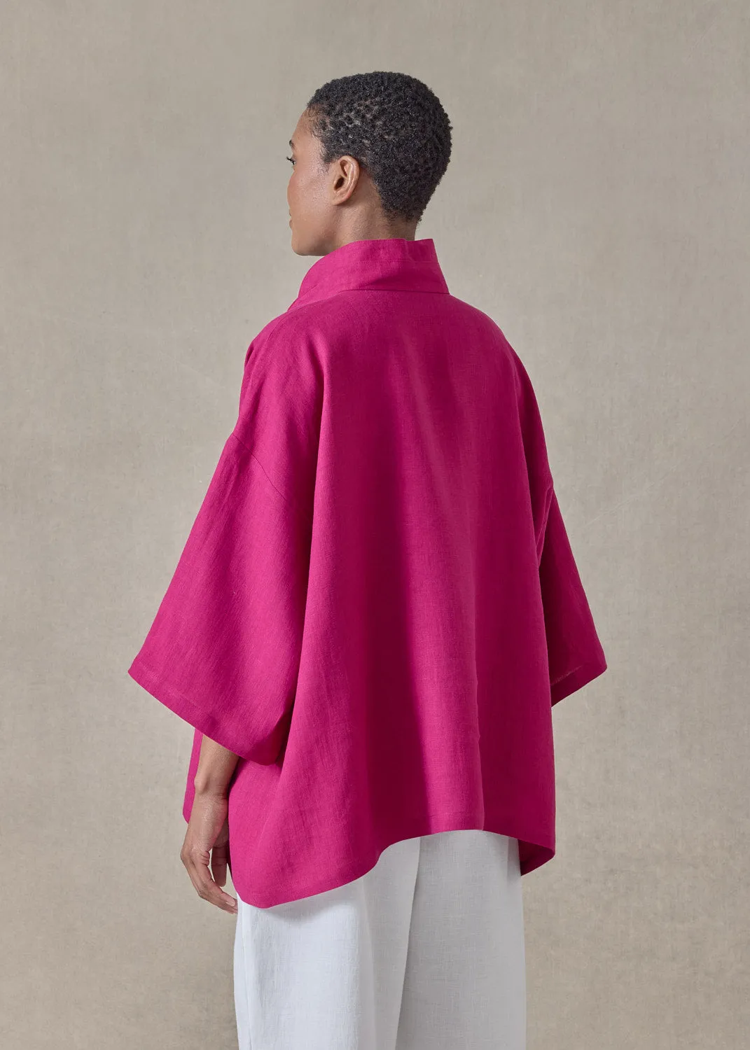 linen a-line short sleeve tunic with double stand collar - mid (magenta) sold by eskandar product image thumbnail 4