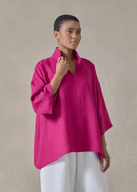 linen a-line short sleeve tunic with double stand collar - mid (magenta) sold by eskandar