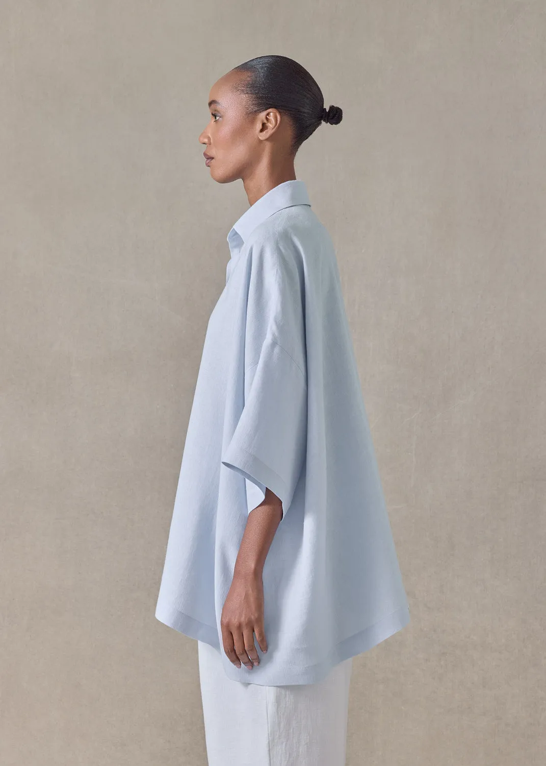 lightweight linen angle to front side seam short sleeve tunic - long (bridgertonblue) sold by eskandar product image thumbnail 3