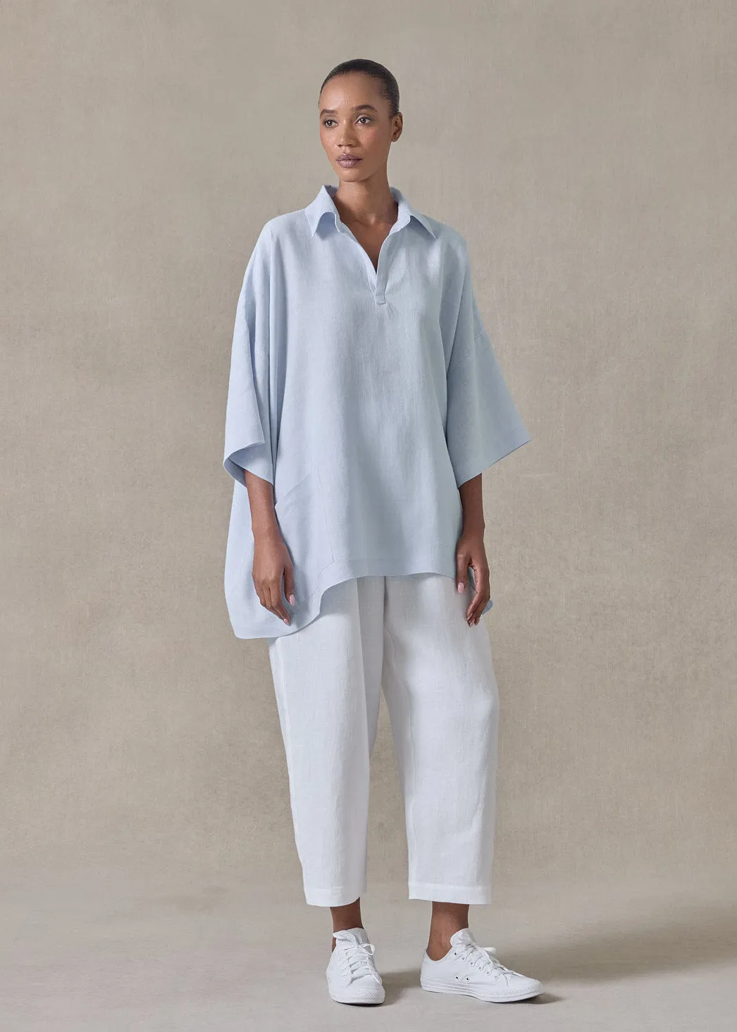 lightweight linen angle to front side seam short sleeve tunic - long (bridgertonblue) sold by eskandar