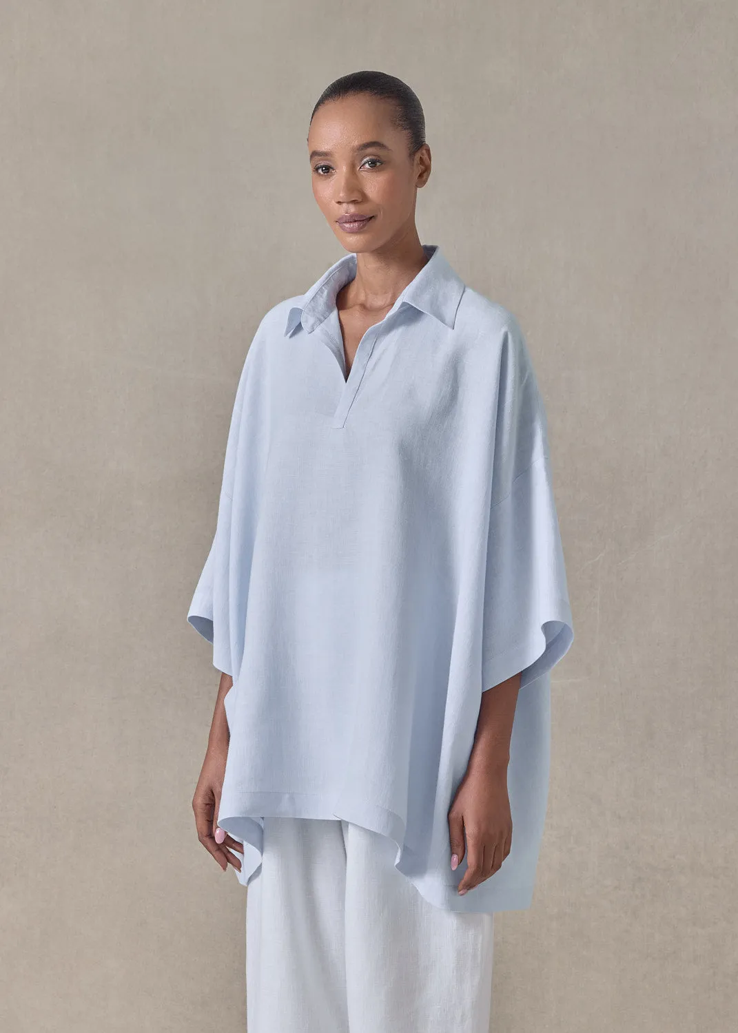 lightweight linen angle to front side seam short sleeve tunic - long (bridgertonblue) sold by eskandar product image thumbnail 2