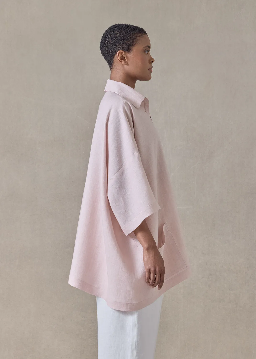 linen angle to front side seam short sleeve tunic with collar - long (palepink) sold by eskandar product image thumbnail 3