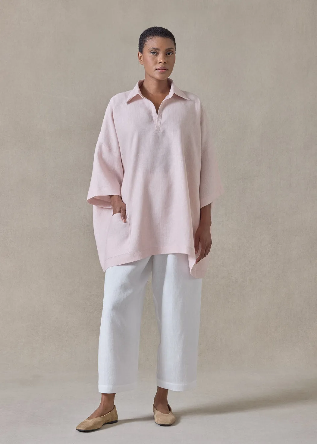 linen angle to front side seam short sleeve tunic with collar - long (palepink) sold by eskandar
