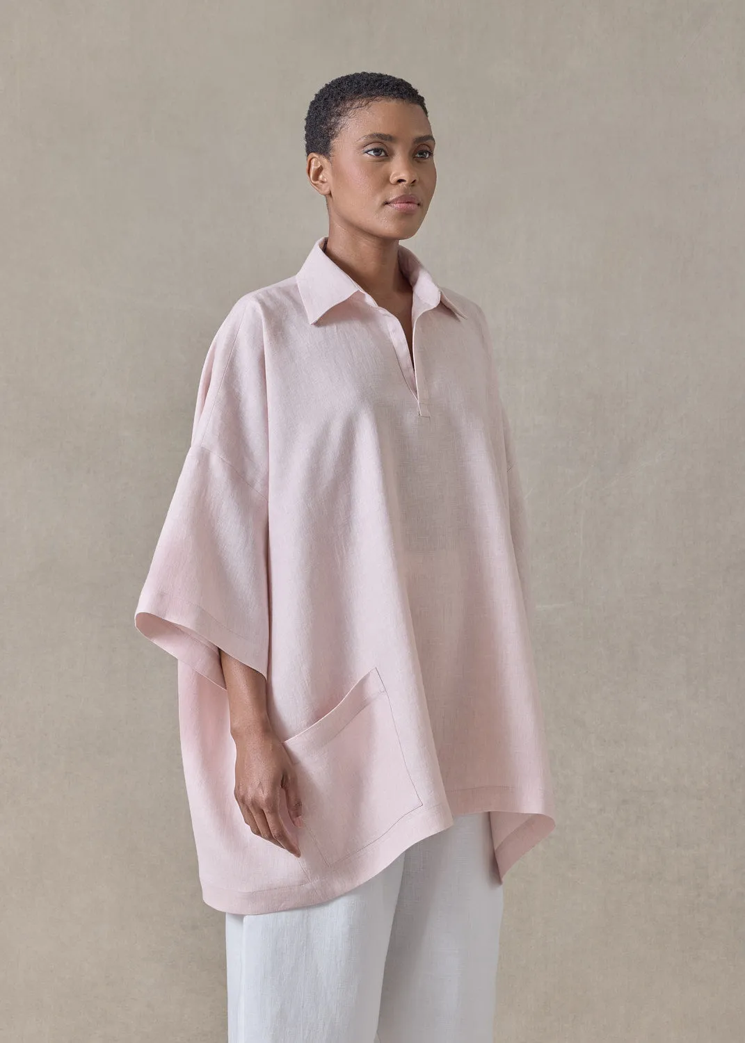 linen angle to front side seam short sleeve tunic with collar - long (palepink) sold by eskandar product image thumbnail 2