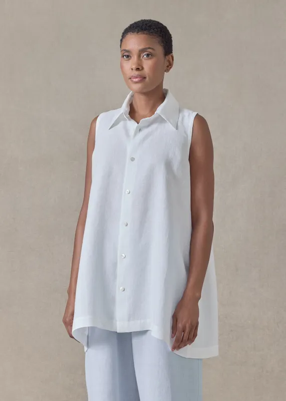 lightweight linen side pleated sleeveless shirt with collar - long (white) sold by eskandar