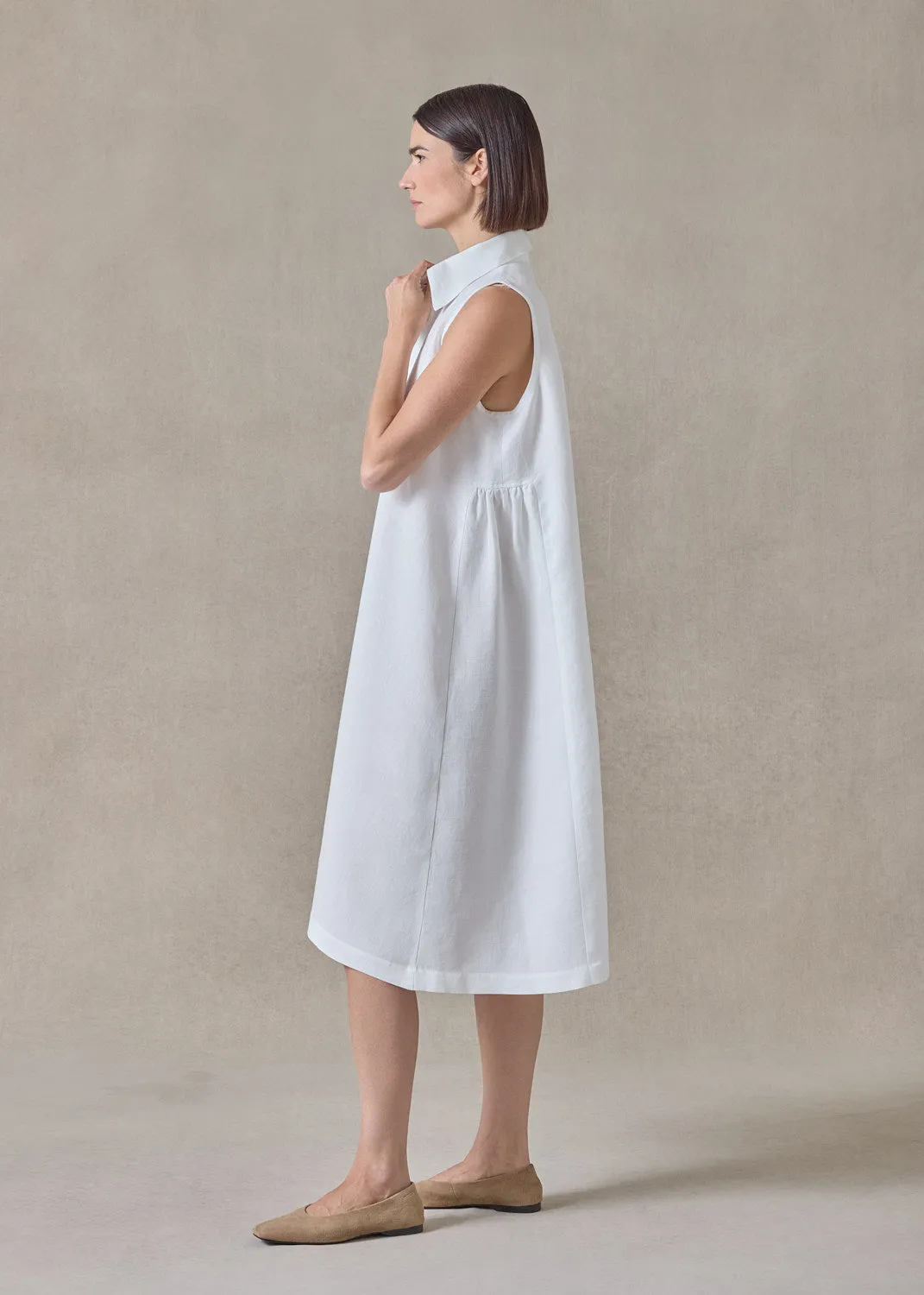 lightweight linen side pleated sleeveless shirt dress with collar (white) sold by eskandar product image thumbnail 5