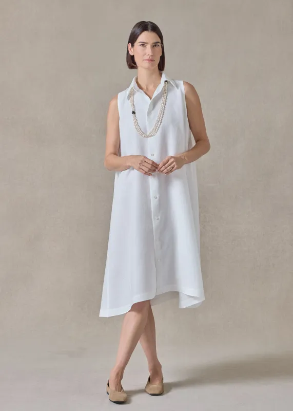 lightweight linen side pleated sleeveless shirt dress with collar (white) made by eskandar