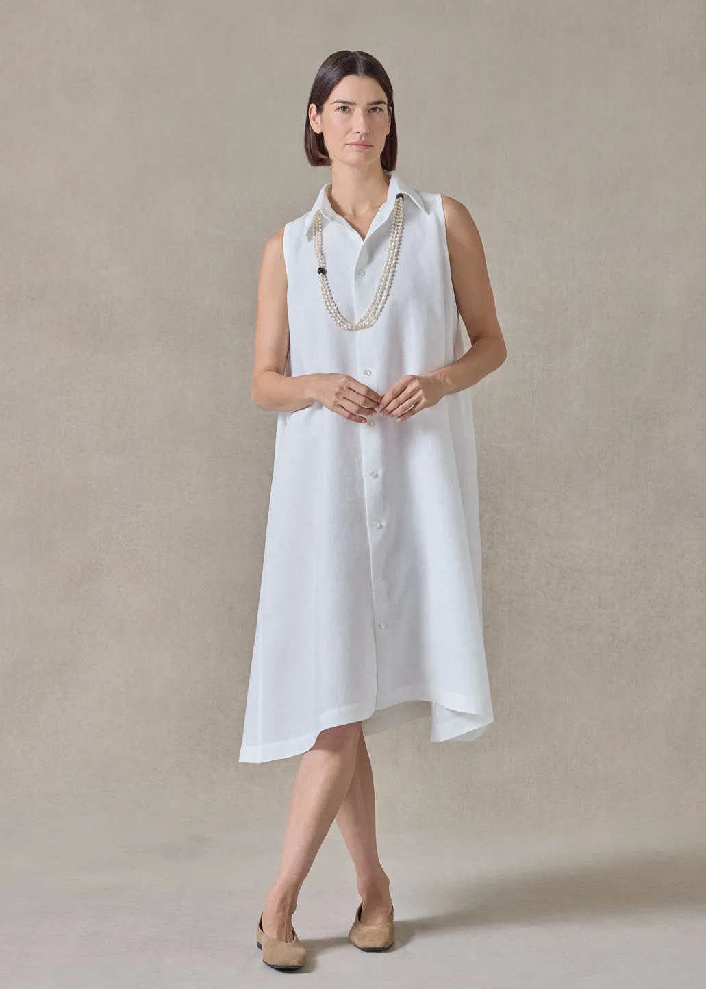 lightweight linen side pleated sleeveless shirt dress with collar (white) sold by eskandar