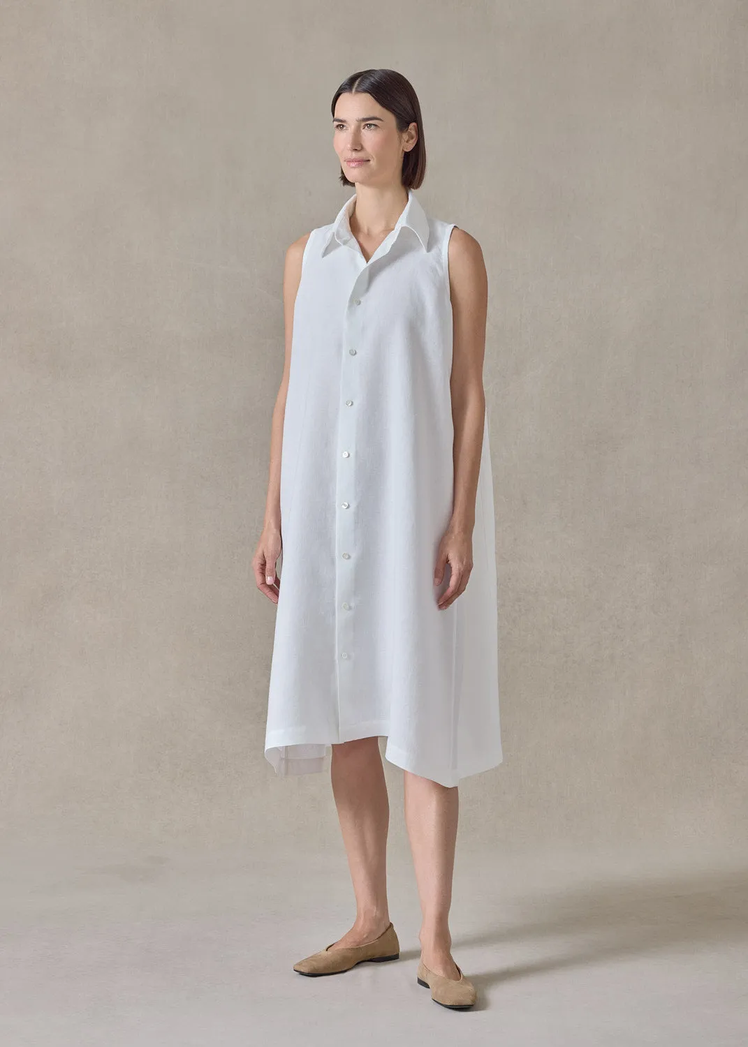 lightweight linen side pleated sleeveless shirt dress with collar (white) sold by eskandar product image thumbnail 2