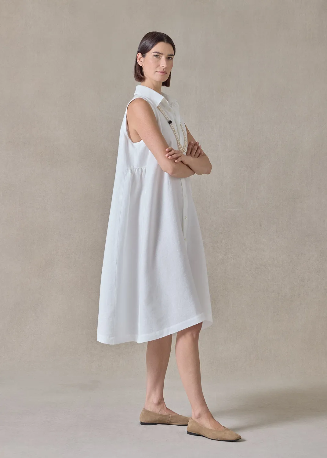 lightweight linen side pleated sleeveless shirt dress with collar (white) sold by eskandar product image thumbnail 3