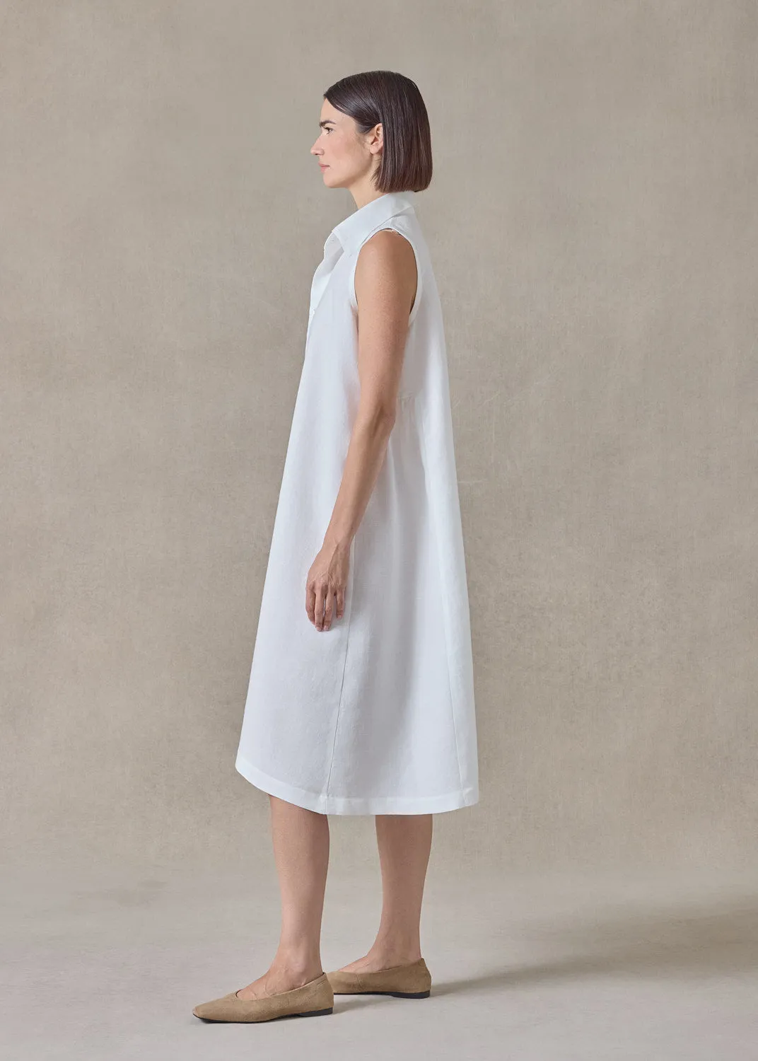 lightweight linen side pleated sleeveless shirt dress with collar (white) sold by eskandar product image thumbnail 4