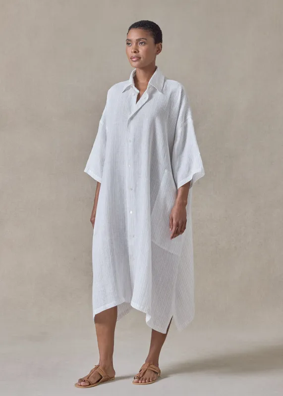 extrafine gold stripe linen wide a-line short sleeve shirt dress with collar (white) made by eskandar